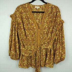 Max Studio Mustard Floral Flowy Blouse Front Tie V-Neck Size Large 3/4‎ Sleeve